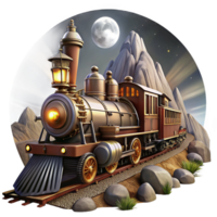 rare vintage A majestic steampunk train, powered by visible steam engines and gears, speeding through a mountainous landscape, lit by a full moon. Dynamic, cinematic style artisan png
