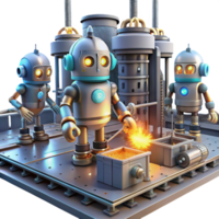 splendid peaceful artistic A group of robots working in a futuristic factory, glowing machinery and sparks flying, industrial setting, gritty and realistic style 8K png