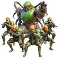 ethereal dazzling A group of genetically engineered soldiers, clad in power armor, battles giant, insectoid aliens on a war torn alien planet. Military sci fi style, dramatic lighting impeccable png