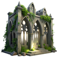hypnotic playful modern A crumbling Gothic cathedral overgrown with ivy, moonlight streaming through broken stained glass windows, hyperrealistic style fine detail png