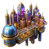 majestic harmonious art deco A steampunk cityscape, towering buildings of brass and glass, connected by intricate sky bridges, vibrant, neon lighting, cyberpunk influenced style 4K png
