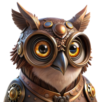 celebrated modern A close up portrait of a steampunk owl, with intricate clockwork mechanisms integrated into its feathers, illuminated by a dramatic spotlight, in a hyperrealistic style premium png