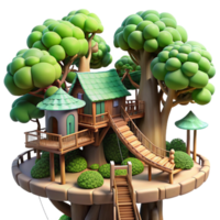 pristine urban A treehouse village interconnected by rope bridges, lush foliage, dappled sunlight, whimsical atmosphere, fantasy style, artisan png