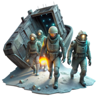 calm radiant A group of space pirates in tattered spacesuits explores a derelict spaceship, illuminated by the flickering light of their headlamps. Dieselpunk style, gritty texture luxury png