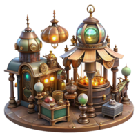 dazzling retro A bustling steampunk marketplace, filled with intricate automatons and quirky vendors, lit by flickering gaslights and glowing orbs, art nouveau style genuine png
