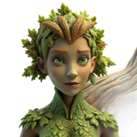 beautiful retro A serene dryad emerging from an ancient oak tree, her skin made of bark and moss, dappled with sunlight. Photorealistic style 8K png