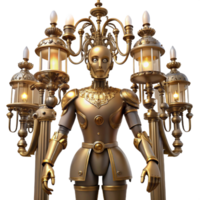 playful vibrant A steampunk automaton, resembling a human figure, standing in a grand hall, illuminated by chandeliers. Elegant, art nouveau style premium png