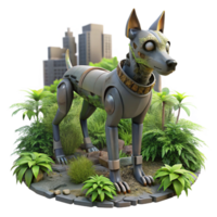 inspired modern A lone, robotic dog wanders through a deserted, post apocalyptic city, overgrown with vegetation. Cyberpunk style, gritty texture museum quality png