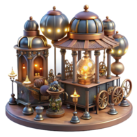 quintessential art deco A bustling steampunk marketplace, filled with intricate automatons and quirky vendors, lit by flickering gaslights and glowing orbs, art nouveau style flawless png