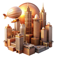 alluring bohemian A steampunk cityscape, towering buildings of brass and glass, airships crisscrossing the sky, lit by a vibrant orange sunrise 4K png