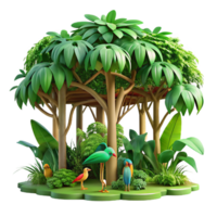 dramatic melancholic impressionist A lush, green rainforest canopy teeming with colorful, exotic birds, dappled sunlight filtering through the leaves, photorealistic style masterfully captured png