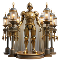 elegant intense classic A steampunk automaton, resembling a human figure, standing in a grand hall, illuminated by chandeliers. Elegant, art nouveau style crisp png