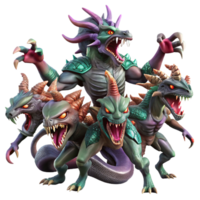 beautiful reflective impressionist A fierce hydra battling a group of heroes, dramatic lighting, fantasy art style fine detail png