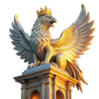 striking exemplary A majestic griffin perched atop a crumbling clock tower, bathed in the golden light of a setting sun, feathers detailed and shimmering, rendered in a hyperrealistic style png
