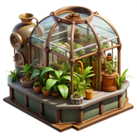 quintessential classic A steampunk greenhouse filled with exotic plants and mechanical devices, sunlit interior, botanical illustration style artisan png