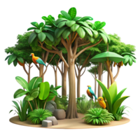 striking memorable A lush, green rainforest canopy teeming with colorful, exotic birds, dappled sunlight filtering through the leaves, photorealistic style png