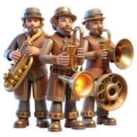 unforgettable abstract A group of steampunk musicians, playing brass instruments modified with gears and tubes, illuminated by stage lights in a smoky, atmospheric setting genuine png