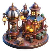 radiant timeless A bustling steampunk marketplace filled with vendors selling intricate gadgets and automatons, lit by colorful gas lamps and flickering lanterns. Dynamic lighting, Art Nouveau style png