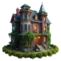 quintessential modern A crumbling Victorian mansion, overgrown with ivy, moonlight, desaturated colors, painterly style, visible brick and peeling paint, fog rolling in exclusive png