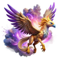 passionate fascinating A majestic griffin with iridescent feathers soaring through a swirling nebula of purple and gold, dramatic lighting, digital painting style precision png