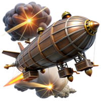 magnificent contemporary A dynamic scene of a steampunk airship battle, with airships firing lasers and grappling hooks, illuminated by explosions and searchlights against a dark, stormy sky exclusive png