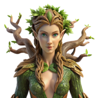 striking iconic A graceful dryad emerging from an ancient oak tree, her skin made of bark and moss, sunlight dappling through the leaves, Pre Raphaelite style, png