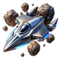 distinctive retro A sleek, chrome spaceship races through an asteroid field, pursued by two smaller, faster fighters. Photorealistic style. Dramatic lighting professional png