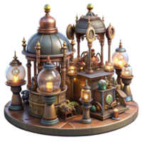 alluring memorable A bustling steampunk marketplace, filled with intricate automatons and quirky vendors, lit by flickering gaslights and glowing orbs, art nouveau style png