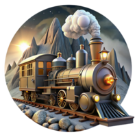 striking iconic A majestic steampunk train, powered by visible steam engines and gears, speeding through a mountainous landscape, lit by a full moon. Dynamic, cinematic style png
