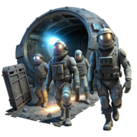 distinguished coastal A group of space pirates in tattered spacesuits explores a derelict spaceship, illuminated by the flickering light of their headlamps. Dieselpunk style, gritty texture premium png