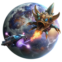 striking coastal A spaceship battling a giant space creature in a nebula. Epic, dramatic lighting. Space opera style perfect clarity png