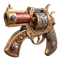 acclaimed minimalist A steampunk pistol, intricately engraved with floral patterns and gears. Soft, diffused lighting. Baroque style high quality png
