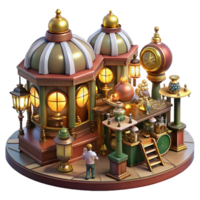harmonious magnificent A bustling steampunk marketplace, filled with intricate automatons and quirky vendors, lit by flickering gaslights and glowing orbs, art nouveau style crisp png