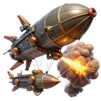 fascinating baroque A steampunk airship battle, airships firing lasers and grappling hooks, illuminated by explosions and searchlights. Dynamic composition, high action 8K png
