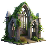 rare creative A crumbling gothic cathedral overgrown with ivy, dappled sunlight filtering through broken stained glass, hyperrealistic style luxury png