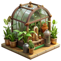 magnificent surreal A steampunk greenhouse filled with exotic plants and mechanical devices, sunlit interior, botanical illustration style 8K png