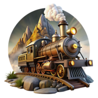 serene coastal A majestic steampunk train, powered by visible steam engines and gears, speeding through a mountainous landscape, lit by a full moon. Dynamic, cinematic style top tier png