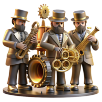 melancholic glorious A group of steampunk musicians, playing brass instruments modified with gears and tubes, illuminated by stage lights in a smoky, atmospheric setting high quality png