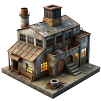 calm splendid An abandoned factory with broken windows and rusty machinery, dim industrial lighting, dystopian style handcrafted png