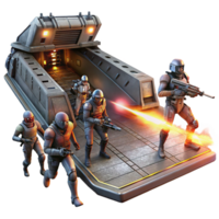 elegant inspired A group of space pirates boarding a derelict spaceship, laser fire illuminating the scene, gritty and realistic style, dramatic chiaroscuro lighting png