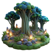 vibrant joyful art deco A hidden grove of ancient trees with glowing bioluminescent moss, magical twilight lighting, in a fantasy realism style ultra HD png