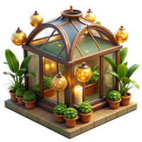 gorgeous coastal A steampunk greenhouse, filled with exotic mechanical plants and glowing orbs, bathed in the warm light of artificial suns, in a lush, botanical style museum quality png