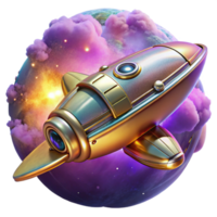 playful extraordinary A retro futuristic spaceship, chrome and brass details, flying through a nebula, illuminated by the nebula s vibrant colors, in an art deco style professional png