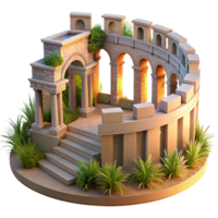 signature renaissance An ancient Roman amphitheater with crumbling walls and overgrown vegetation, soft golden sunset light, ancient Roman style high resolution png