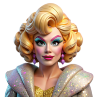 stunning distinctive Portrait of a flamboyant drag queen with extravagant makeup and a glamorous outfit, lit by bright stage lights, in a pop art style png