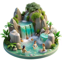 sumptuous mid century A group of nymphs bathing in a crystal clear waterfall, surrounded by lush vegetation, illuminated by dappled sunlight. Romantic style authentic png