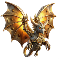 elegant classic A majestic steampunk clockwork dragon, wings spread wide, intricate gears and pipes exposed, bathed in the golden light of a setting sun. Digital painting, highly detailed flawless png