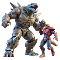 picturesque iconic A giant robot battling a giant monster in a futuristic city, dynamic pose, dramatic lighting, anime style, png