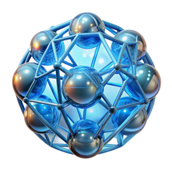 sought after geometric A network of glowing fibers interwoven with transparent orbs, creating a complex and delicate structure, illuminated by a cool, blue light. Biotech style, futuristic 4K png