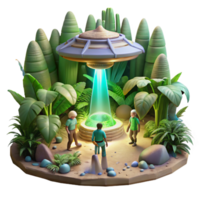 immaculate exceptional A group of explorers discovering a hidden alien temple within a dense jungle, shafts of light piercing the canopy, rendered in a lush, vibrant style png